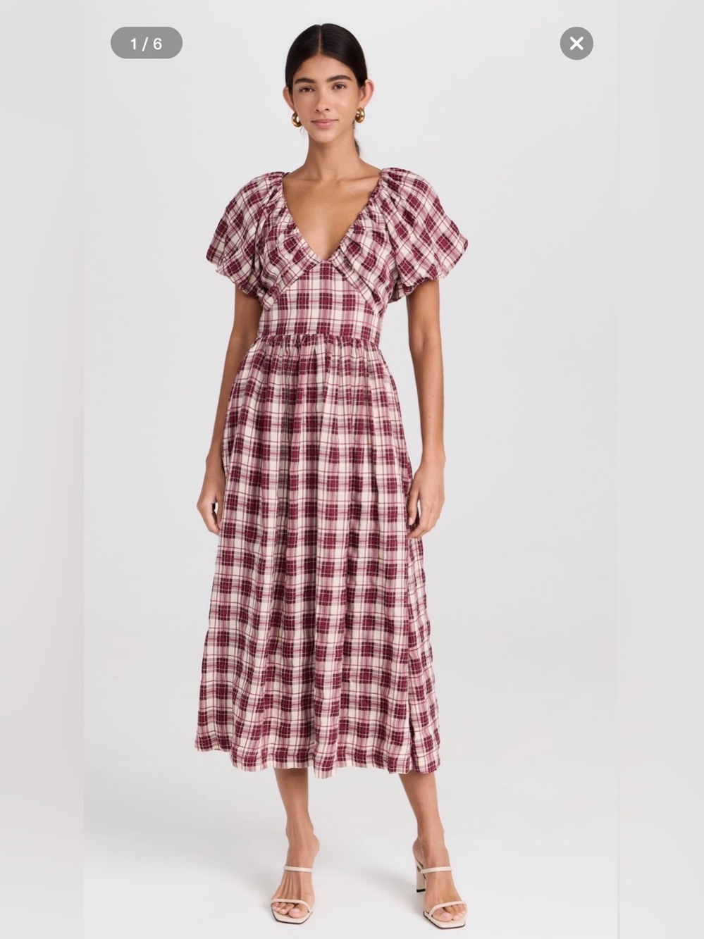 En Saison Burgundy and Cream Plaid Puff-Sleeve Maxi Dress